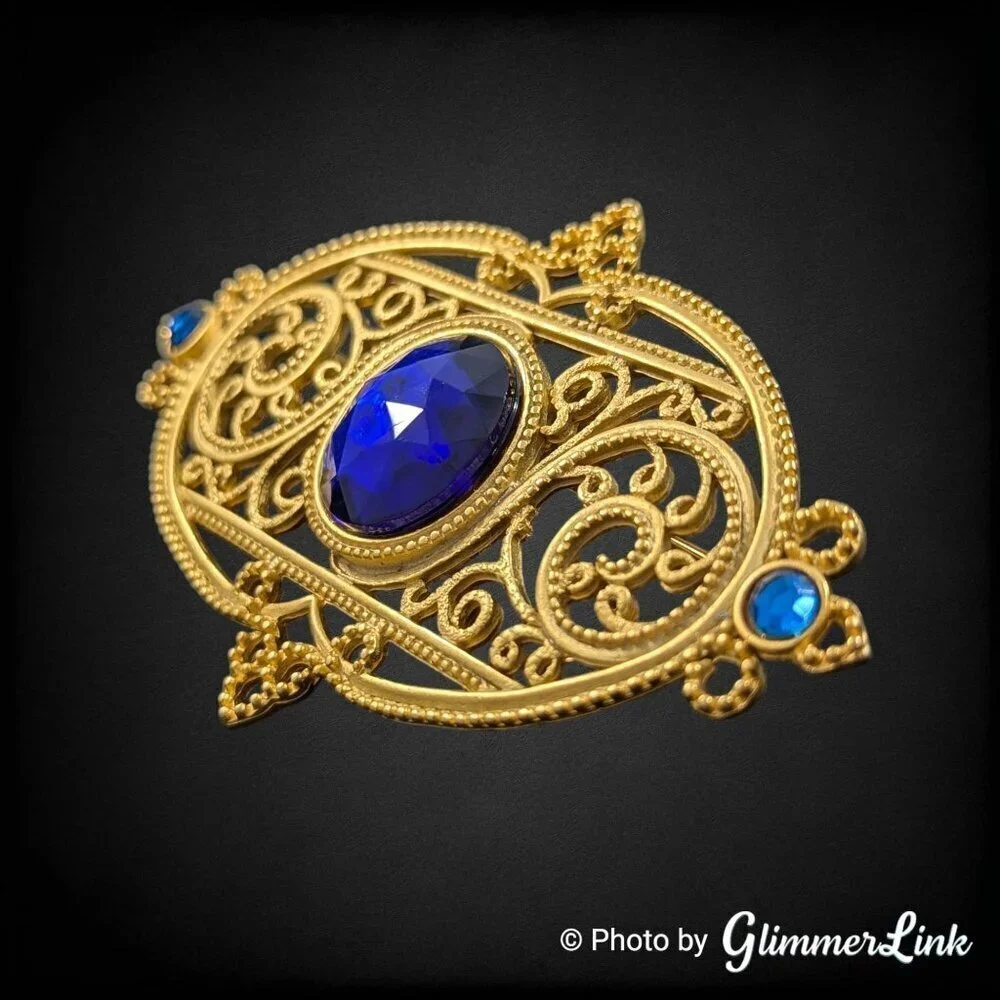 VTG Jonette Jewelry JJ Oval Filigree Blue Stone Edwardian Style Gold Tone Brooch